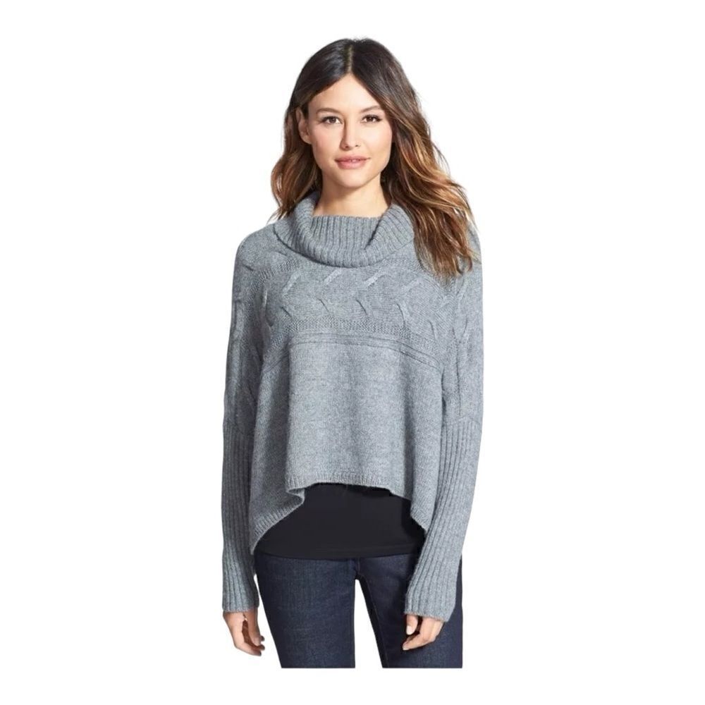 Eileen Fisher Grey Alpaca/Silk Turtleneck Crop Poncho Sweater. Size Petite Lg.